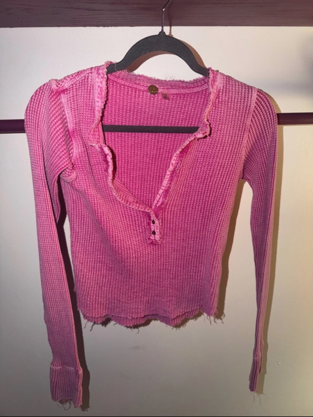Free People Pink Distressed Waffle Henley Sweater
